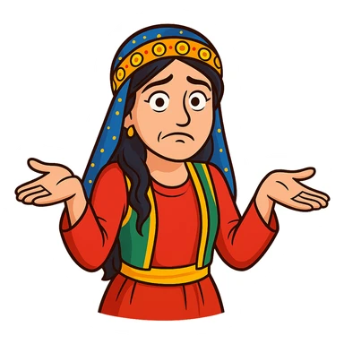 Create a colorful and cheerful cartoon sticker of a Kurdish woman wearing traditional Kurdish female clothing, with no shadows or color halos around the image. The face should have an indifferent or unsure expression with raised eyebrows and a closed or crooked mouth. Both hands are open with palms facing up, shoulders raised, and the body slightly hunched, exactly matching the pose in the reference images. No text, completely transparent background. Suitable for WhatsApp and Instagram. sticker