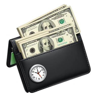 black wallet with dollar bills sticking out and a small clock in top right corner over the wallet sticker