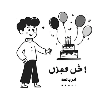 A happy little boy celebrating with a birthday cake with lit candles, balloons and streamers in the background. Include the Persian text at the bottom saying: "امیدرضاجان تولدت مبارک" sticker