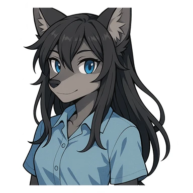 anime style wolf furry character with blue eyes, long black hair, wearing a light blue shirt sticker