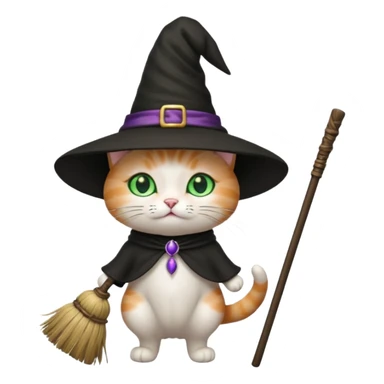 A cat with a broom and a witch hat and a wand sticker