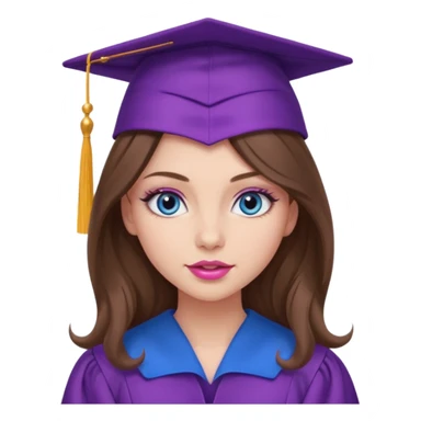 girl with gorgeous lightly curled long brown hair, blue eyes, long lashes makeup, sexy pink lips, wearing a purple graduation cap and gown sticker