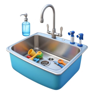 3D Pixar-style kitchen sink with a faucet and water running, some plumbing tools nearby, bright clean look, realistic but colorful, isolated on white

 sticker