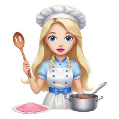 Cinematic realistic beautiful blonde with long hair, blue eyes and pink lips in a white dress cooks sticker