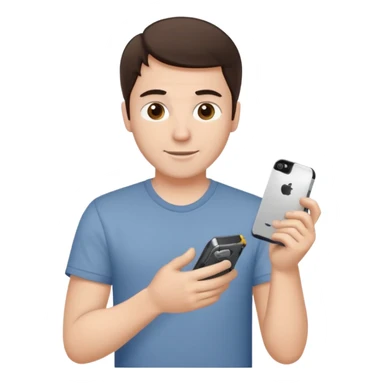 make a white guy with dark brown hair, with a simple white o grey shirt, repairing an iphone happy, tecnician with small real tools for phone sticker