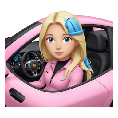 pink Porsche taycan with blonde girl, long hair, blue eyes, sitting inside the car, front view point of view, no sunglasses, sexy sticker