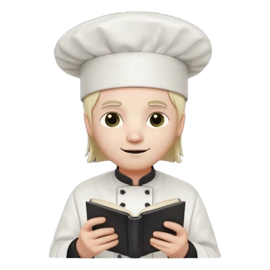 ["A happy man with pale skin, straight hair, wearing a chef hat and no glasses, dressed in goth fashion, is reading a book while holding a camera."] sticker