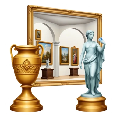 An icon featuring an elegant art gallery with classic paintings hanging on the walls, and sculptures displayed on pedestals. Visitors admire the exhibits, capturing the essence of culture, history, and art. Set against a transparent background. sticker