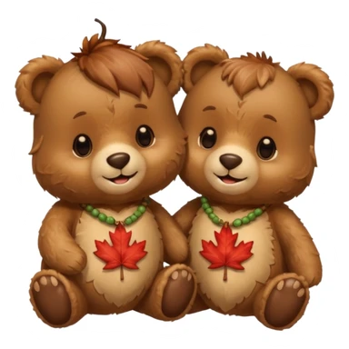 2 fluffy Teddy bears in love. One has an acorn necklace and a maple leaf necklace  sticker