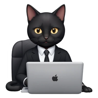 Black cat in a black business suit in an office with laptop sticker