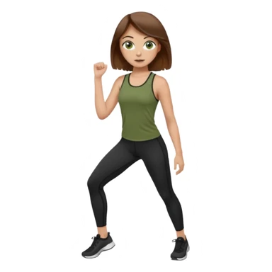 Girl with green eyes, brown hair, light skin, and freckles wearing an olive green top with black leggings working out sticker