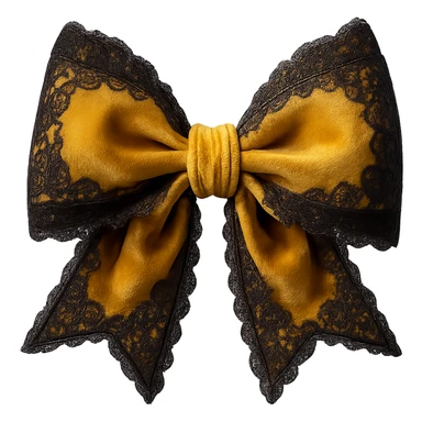 Add lace and velvet details to the gothic yellow bow in a photorealistic style. Keep the background transparent if possible. sticker