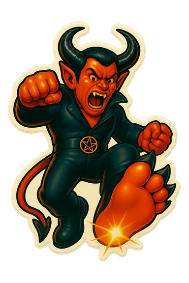 Create an image of the character performing a big, dramatic stomp with one foot raised and coming down, in the same retro sticker style. The background should be transparent and no other characters or elements should be included, just the stomp pose. sticker