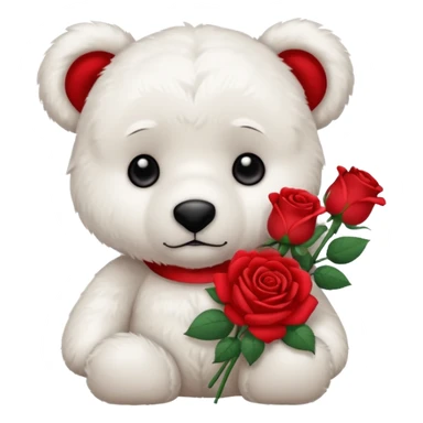Cute white teddy bear with sad puppy dog eyes holding roses  sticker