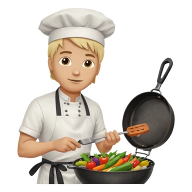 man with tied blond hair and and a white apron grilling vegetables on a sizzling grill sticker