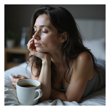 hyperrealistic 4K image of a woman with PCOS, eyes closed, face with acne and chin hair, thinning hair, slouched posture sitting on a bed, half-full coffee cup on the bedside table, home environment sticker