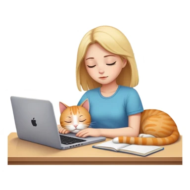 A girl is working hard in front of her laptop, and a cat is sleeping next to it sticker
