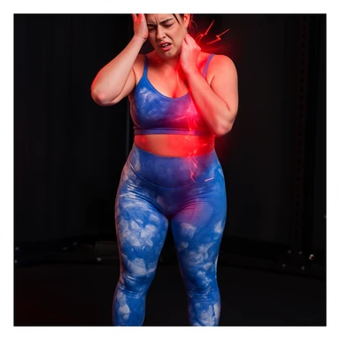 Realistic style edit of the same girl identical to the photo with one hand on the temple and one on the neck, expression of intense pain. Pain symbols like redness and lightning on neck and head. sticker