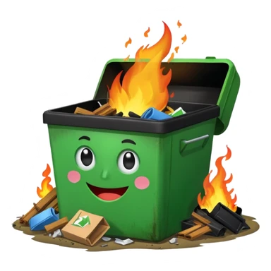 Bright green happy dumpster with an open black lid and a large fire burning only inside it. there is litter and trash on the ground around it not burning sticker