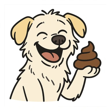 cartoon style emoji of a white mongrel dog with light yellow floppy ears, mix of Jindo and Retriever, lying ears, messy but cute face, smiling happily while holding poop sticker