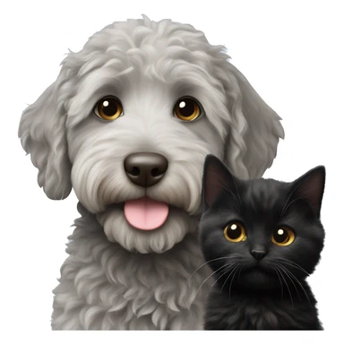 Grey labradoodle next to a small black kitten sticker