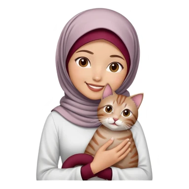 Asian White girl wearing maroon hijab and white dress holding a black grey tabby cat while smiling.  sticker