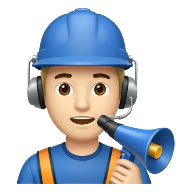 Um homem com capacete azul escuro segurando um megafone sticker