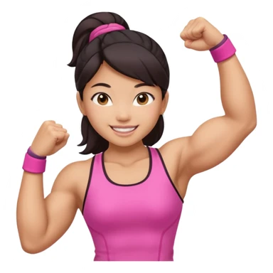 Athletic Asian girl show biceps wearing pink sticker
