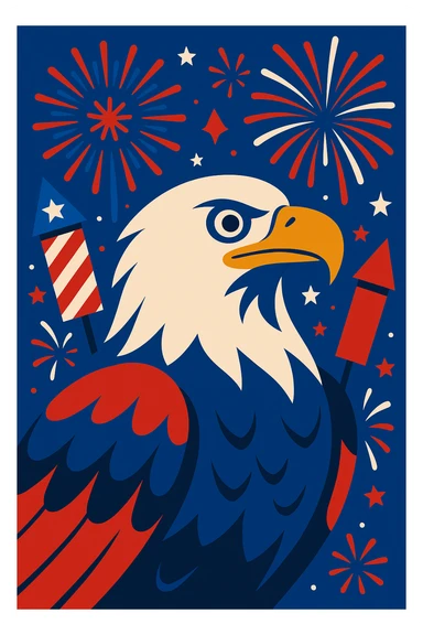 bald eagle with fireworks, patriotic, 4th of July, red white and blue colors sticker