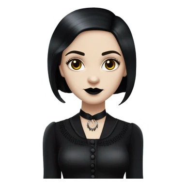   Hostess Wednesday Addams. very light skin face. Black lipstick and eyeshadow. Earrings matching necklaces. Long silky raven hair.  Silk pajamas separates, black high heel.  sticker