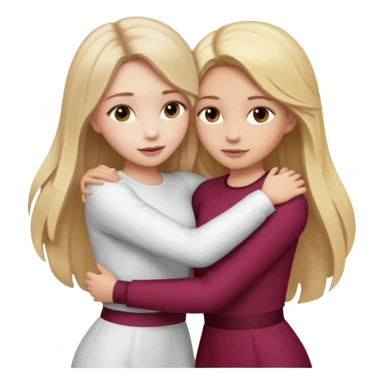 two girls who hug eachother. one has long dark blonde hair with blonde highlights and very pale skin , other has medium skintone and blush and medium blonde hair. girl with long dark blonde hair is wearing a white outfit and girl with blonde hair is wearing a burgundy outfit sticker