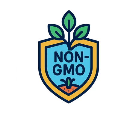 NON-GMO icon, modern and vibrant, includes a plant and a shield, colorful sticker