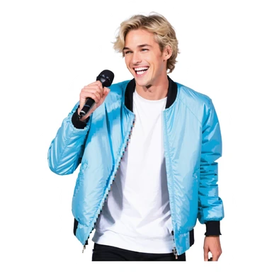 Pixel art style, expressive male performer, Caucasian features, short sandy blonde hair, lively eyes, wide cheerful smile, wearing a sky blue jacket over white tee, tossing a microphone in one hand, waist-up, front-facing sticker