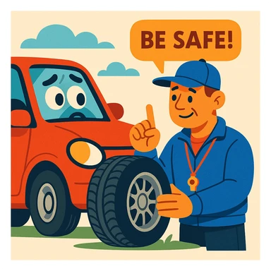 car with tire highlighted, sympathetic coach giving safety advice, modern and reassuring illustration style sticker