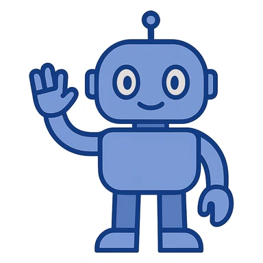 blue robot waving, friendly eyes, simple geometric shapes, modern illustration style sticker