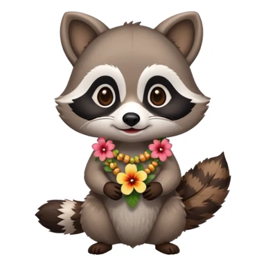 A cute chibi playful raccoon wearing a hawaiian flower necklace, looking festive. sticker