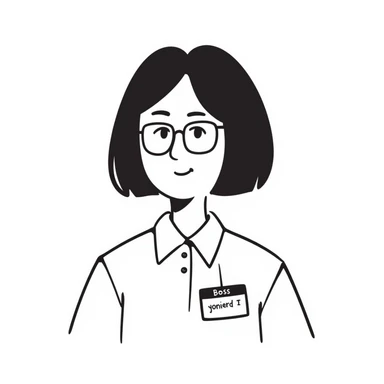 Asian girl wearing glasses, white shirt with a work tag showing her Asian young male boss's name, simple line drawing style sticker
