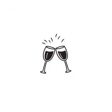 Two elegant wine glasses or champagne flutes clinking together in pastel colors (dd9fb0, ffc6d3, a3bfc9, c4bee2, f1b091), hand-drawn doodle style sticker