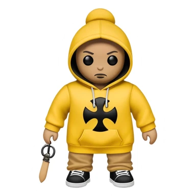voodoo doll wearing wu-tang clan yellow and black hoodie with W logo sticker
