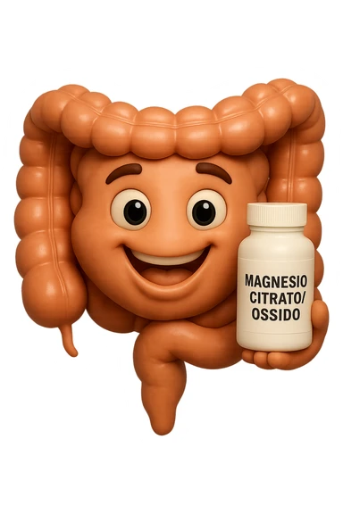 emoji stile iphone 3d di intestino umano felice che tiene in mano una boccetta di magnesio con la scritta "MAGNESIO CITRATO/OSSIDO" SULL'ETICHETTA , iperrealistico 4k sticker