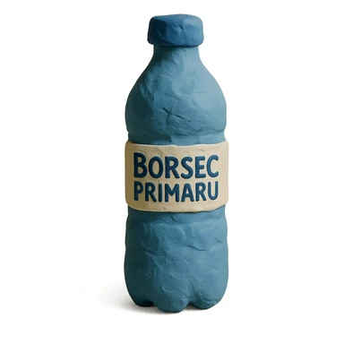 claymation style bottle of water with a label that says 'BorsecPrimaru' sticker