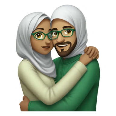 A young Muslim woman with green glasses and her young Muslim husband with glasses and a beard hug sticker