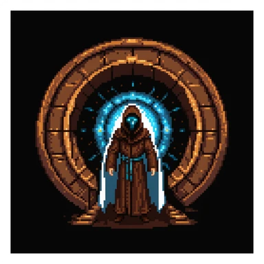 Cloaked figure with brown robe and sci-fi mask emerging from an energy portal sticker