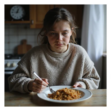 young underweight woman in oversized sweater, pushing food around plate with fork, visible dark circles under eyes, kitchen clock at 3PM, cold dinner untouched, natural light accentuating thin face and hollow cheeks, hyperrealistic 4K sticker