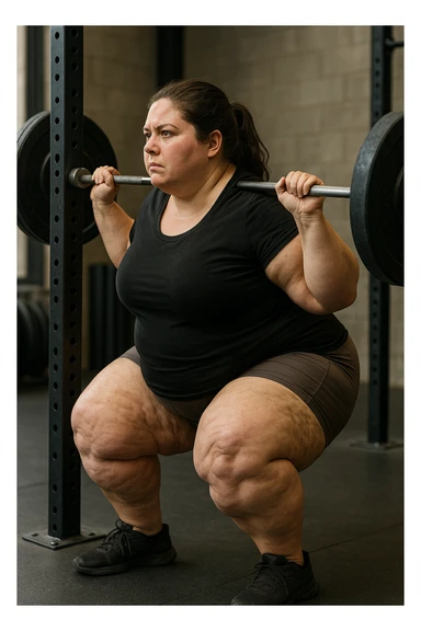 donna grassa con lipedema alle gambe che fa uno squat di profilo con bilanciere, IPERREALISTICA 4K sticker