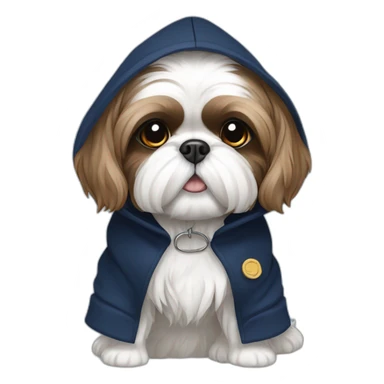 White and brown Shih tzu in navy blue coat with hood sticker
