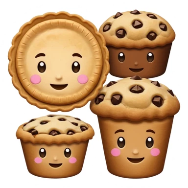 Baking humanless avatar in vibrant style illustration. Pie, cookie, and muffin warm golden tones, simple shapes, flat design, high contrast. sticker