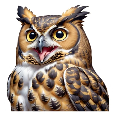 Cinematic Cute Yawning Great Horned Owl Portrait Emoji, Head tilted slightly with a dramatic, wide-open yawn, showcasing a soft, downy mottled plumage with gently drooping feathers, round golden eyes barely open in drowsy contentment, Simplified yet irresistibly adorable features, highly detailed, glowing with a soft, cozy glow, high shine, relaxed yet expressive, stylized with a touch of nocturnal whimsy, bright and endearing, soft glowing outline, capturing the essence of a sleepy yet affectionate owl, so drowsy it feels like it could glide out of the screen and curl up for a nap! sticker