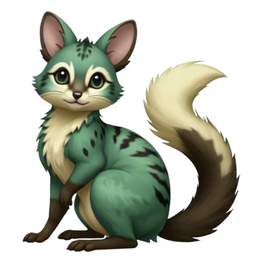 Dark-Green, black-pointed, soft natural realistic romantic vintage antique divine beautiful elegant pretty precious cute young youthful  Fakémon-Pokémon-alien-opossum-squirrel-feline-serval-caracal-chinchilla-Minccino-Cinccino-Meowstic-rodent-hybrid-creature with a big fluffy bushy tail (full body) sticker