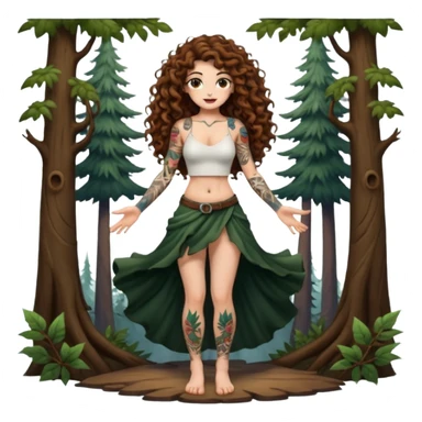 full body view of a woman with long curly brown hair, brown eyes, white skin, tattoos, shrugging with dramatic forest magic burst sticker